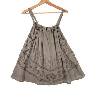 Cecico Embroidered Sheer Peasant Tank Top Flowy Shirt Womens SIZE LARGE Gray